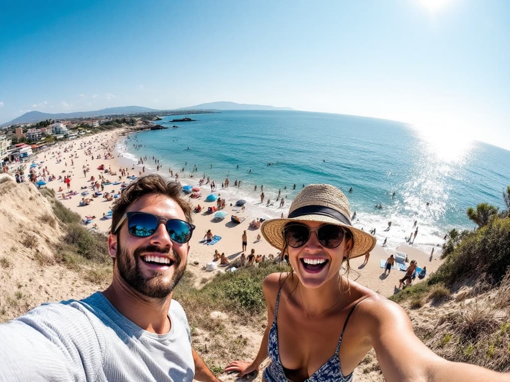 Panoramic view of the beach with happy vacationers