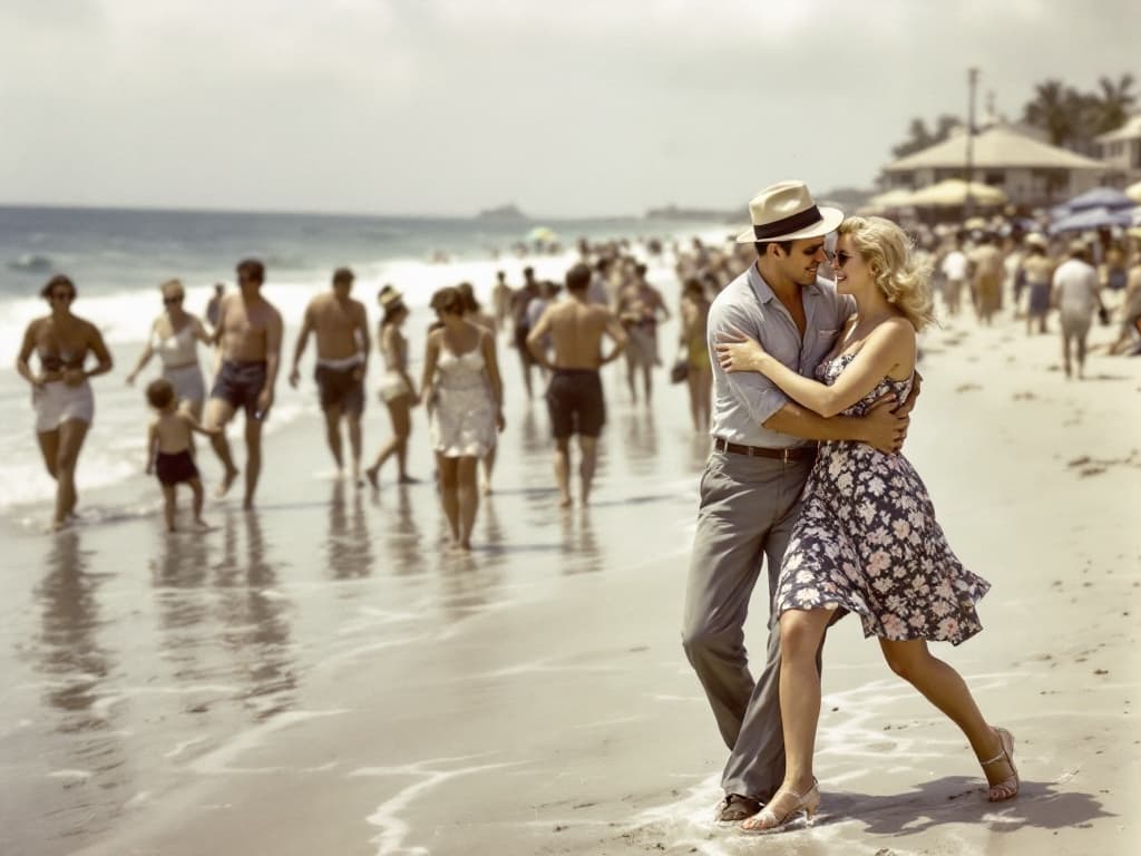 Nostalgic image of beachgoers in the 1950s